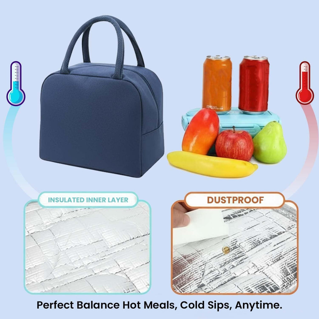 Go Hooked navy blue insulated lunch bag with dual handles, showing food and drinks inside.
