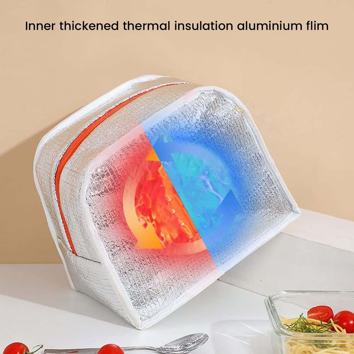 Go Hooked insulated lunch bag in silver with orange zipper, showing thermal insulation effect.
