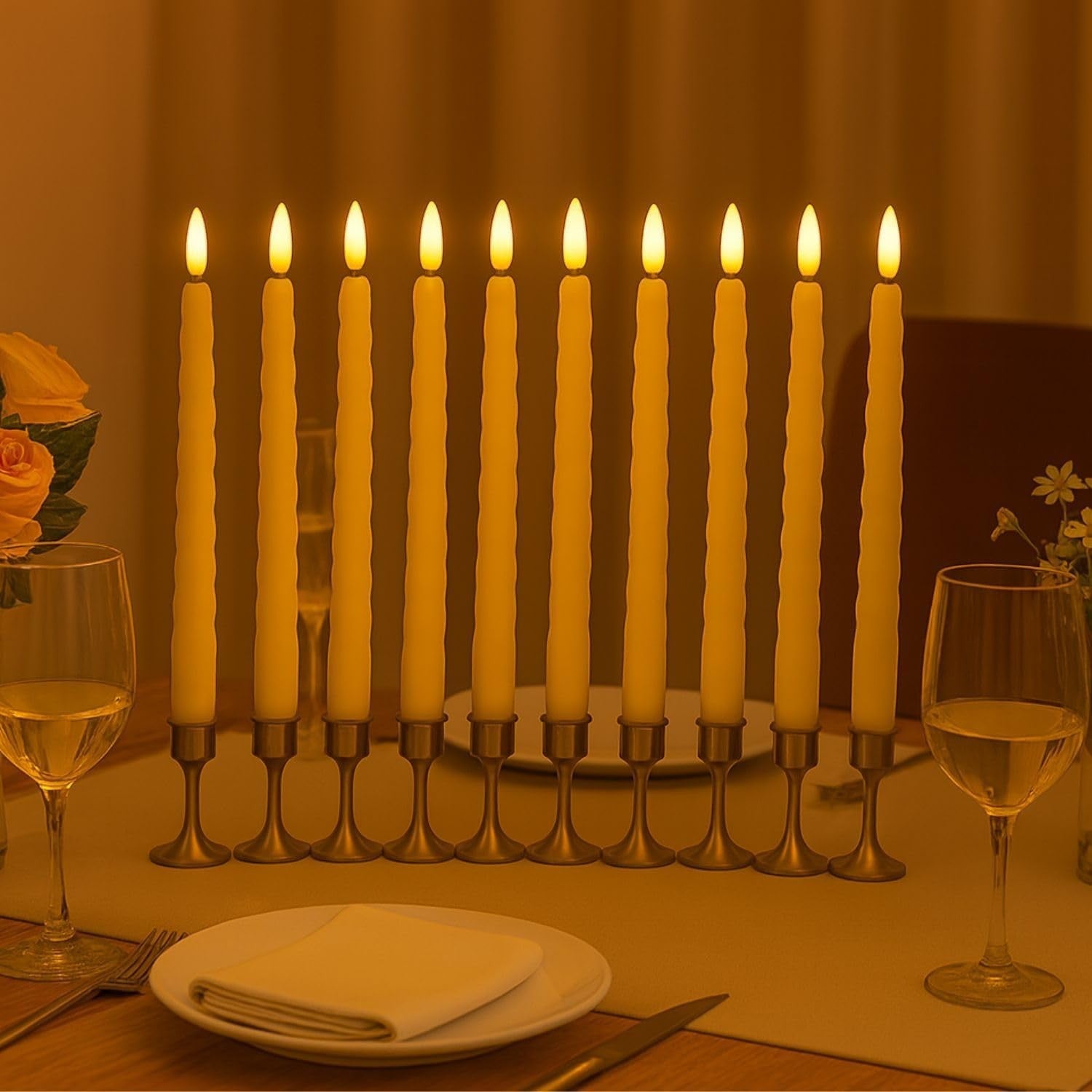 GoHooked ivory LED taper candles set of 10, 26.7cm long, flickering flame, spiral design, safe for home decor.