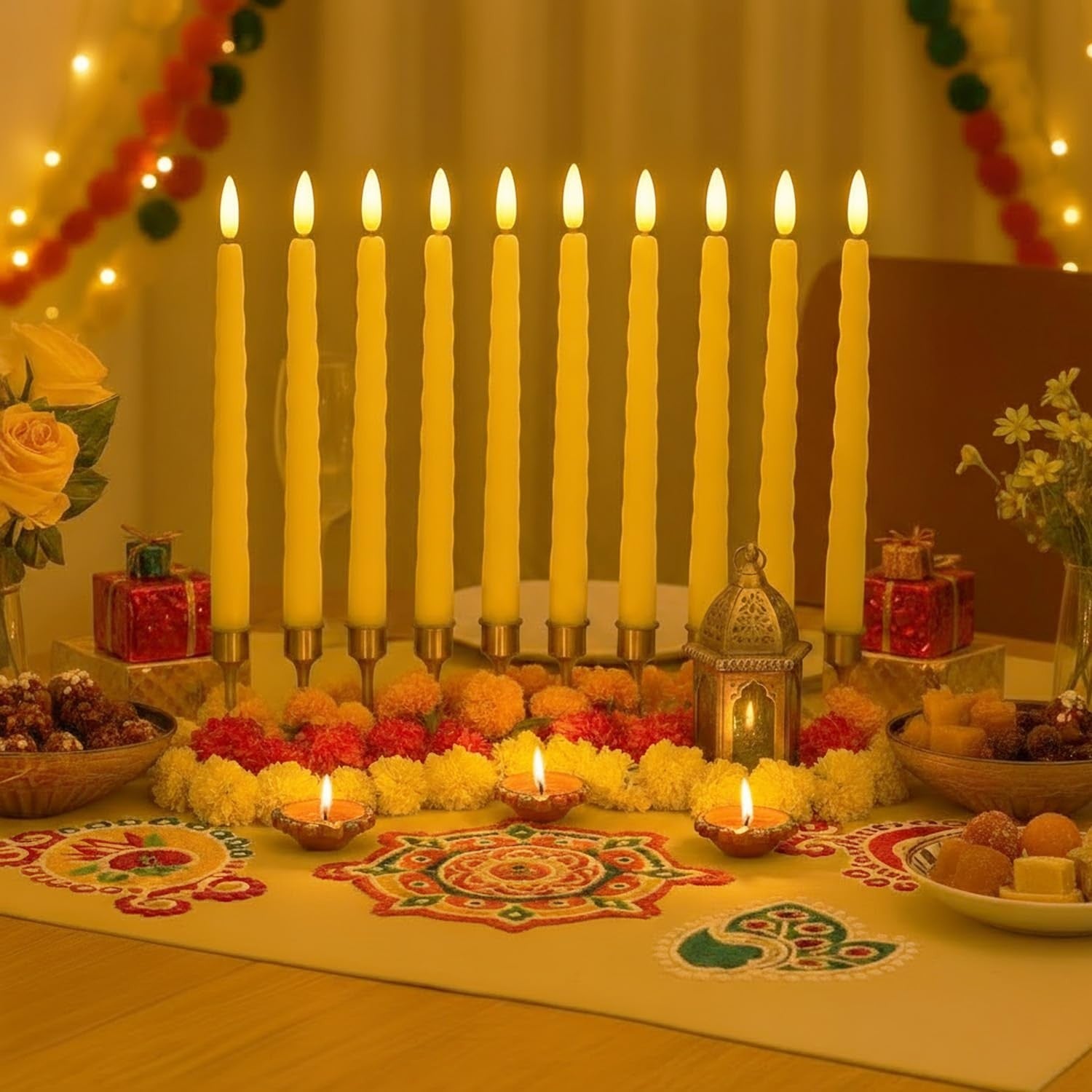GoHooked ivory LED taper candles with flickering flames, set of 12, 26.7cm tall, spiral design, safe for home decor.