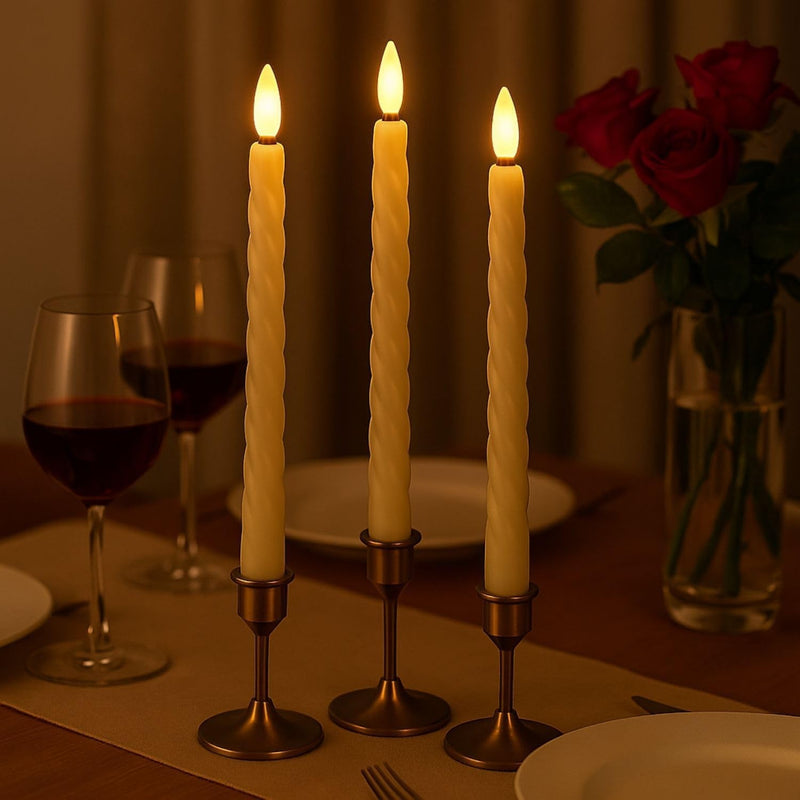 GoHooked Set of 3 ivory LED taper candles with spiral design, flickering flame, 26.7cm tall, battery operated.