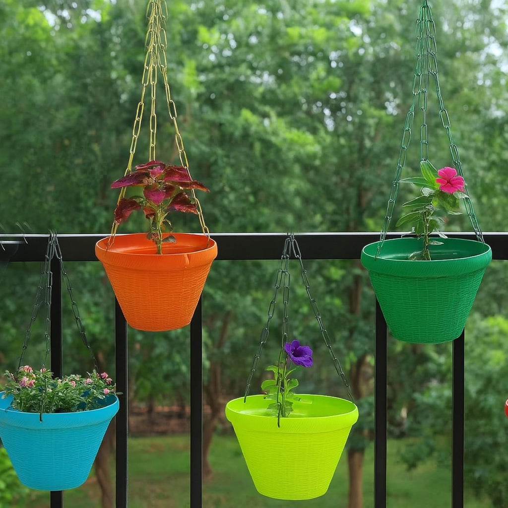 Go Hooked Juhi set of 6 multicolor plastic hanging plant pots with textured finish, 9 inch size.