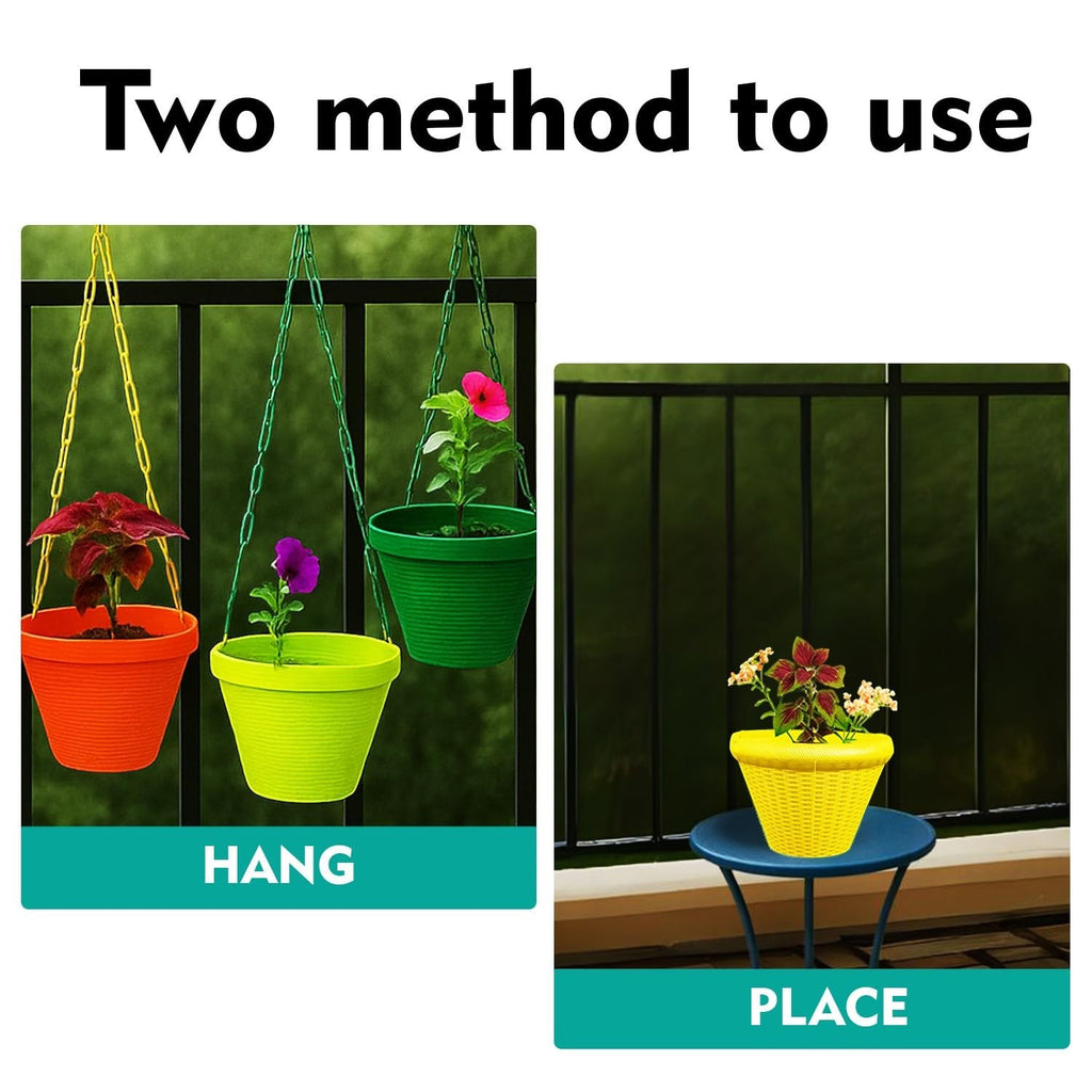 Go Hooked Juhi set of 6 multicolor plastic hanging plant pots, 9 inch. Two methods shown: hanging and placed on a table.
