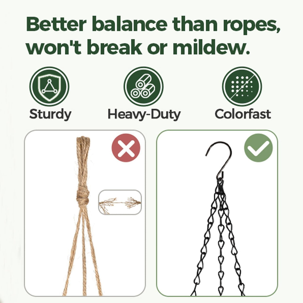 Go Hooked Juhi pot plant container features a sturdy, heavy-duty, colorfast black metal chain hanger compared to a rope hanger.