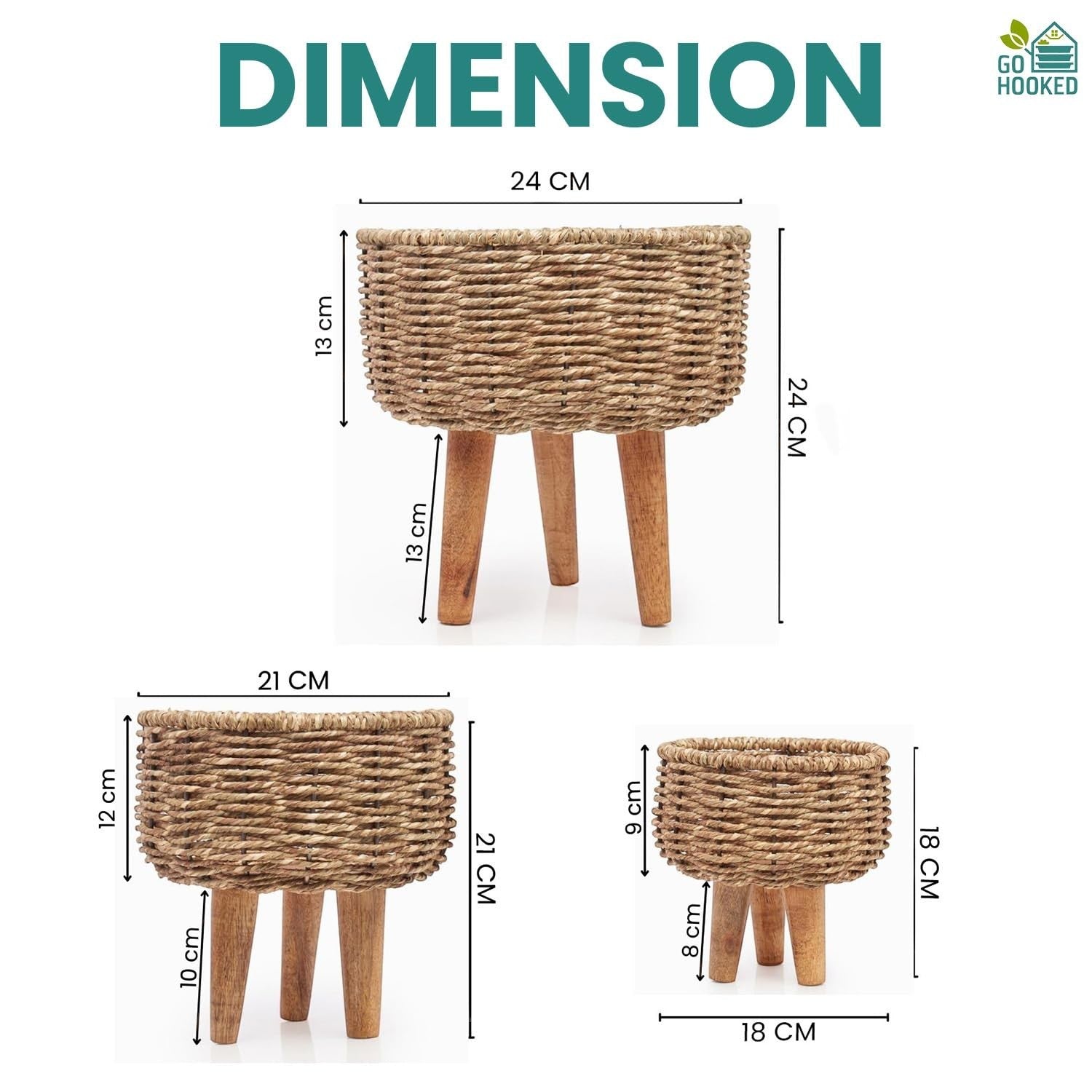 Go Hooked set of 3 brown woven jute plant stands with wooden legs, handmade boho decor.