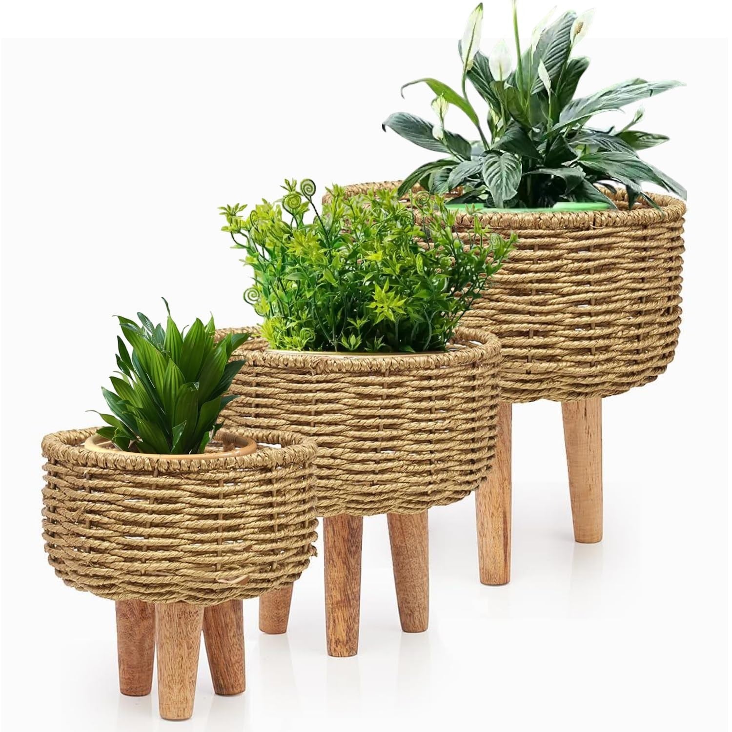 Go Hooked set of 3 brown woven jute plant stands with wooden legs, handmade boho decor