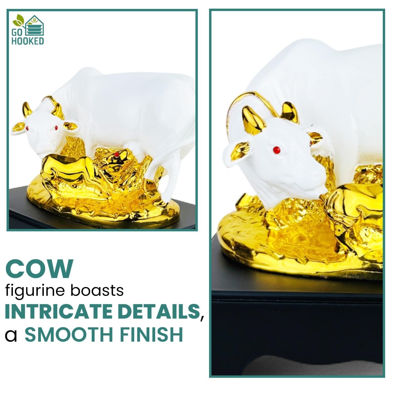 GoHooked white polyresin Kamdhenu cow and calf statue with gold accents and red eyes, symbolizing prosperity.