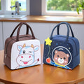 Go Hooked lunch bag set with Winky Cow and Astronaut Bear designs. Thermal Oxford cloth, zipper closure. Brown and navy blue.