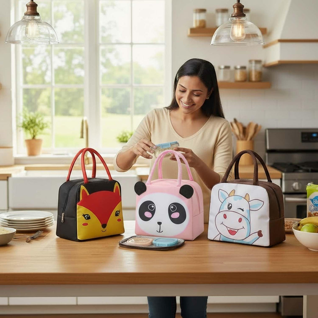 Go Hooked insulated lunch bags with cute tiger, panda, and cow designs. Made of Oxford cloth with thermal lining.