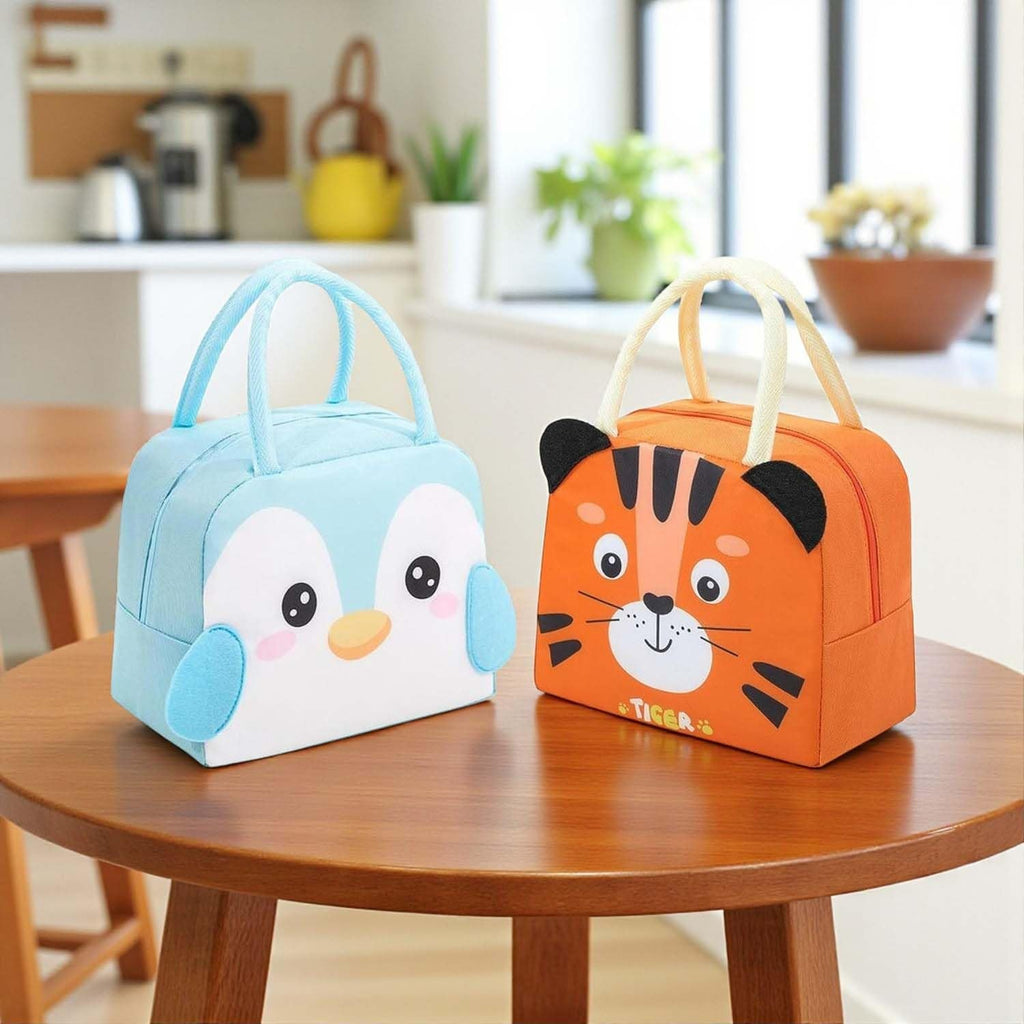 Go Hooked pack of 2 insulated lunch bags: one blue penguin and one orange tiger design. Oxford cloth with thermal lining.