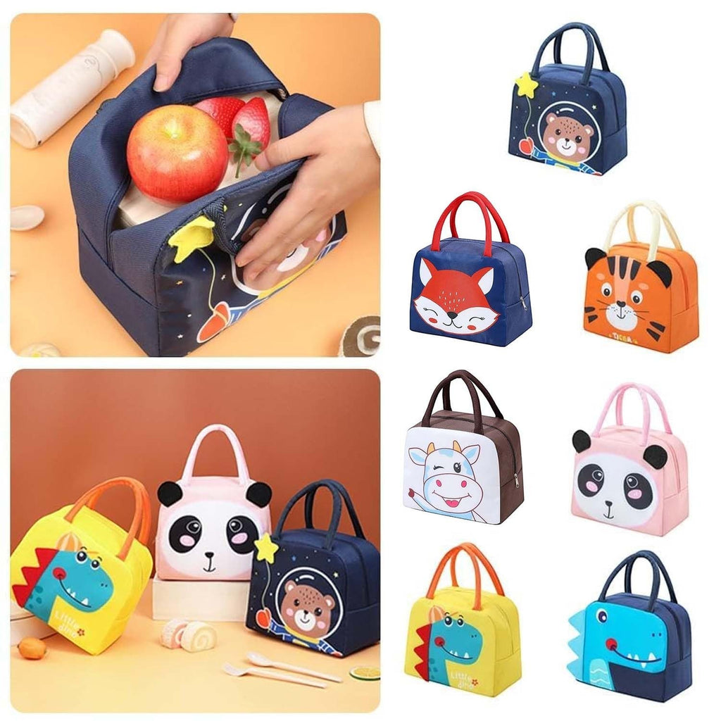 Go Hooked insulated lunch bag with tiger and penguin designs, made of Oxford cloth with thermal lining. Zipper closure.