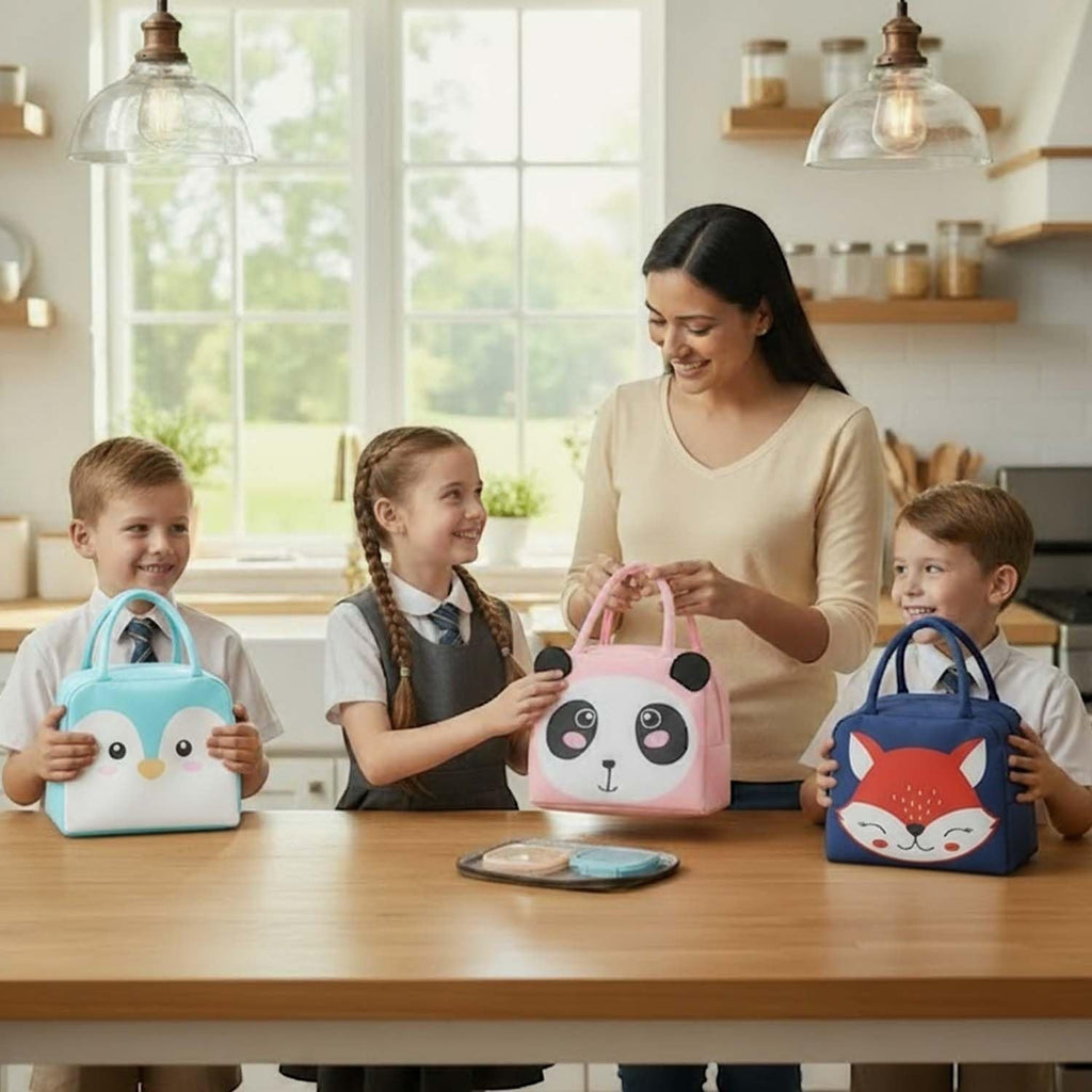 Go Hooked insulated lunch bags for kids: blue penguin, pink panda, and red fox designs. Oxford cloth with thermal lining.