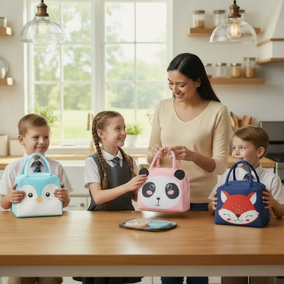 Go Hooked insulated lunch bags for kids: blue penguin, pink panda, and red fox designs. Oxford cloth with thermal lining.