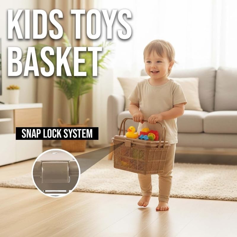 GoHooked light brown plastic kids picnic storage basket with snap lock lid and handle, holding toys.