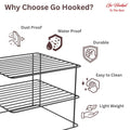 Go Hooked black coated steel kitchen shelf rack for plates and utensils. Features dust proof, water proof, durable, easy to clean, and lightweight.