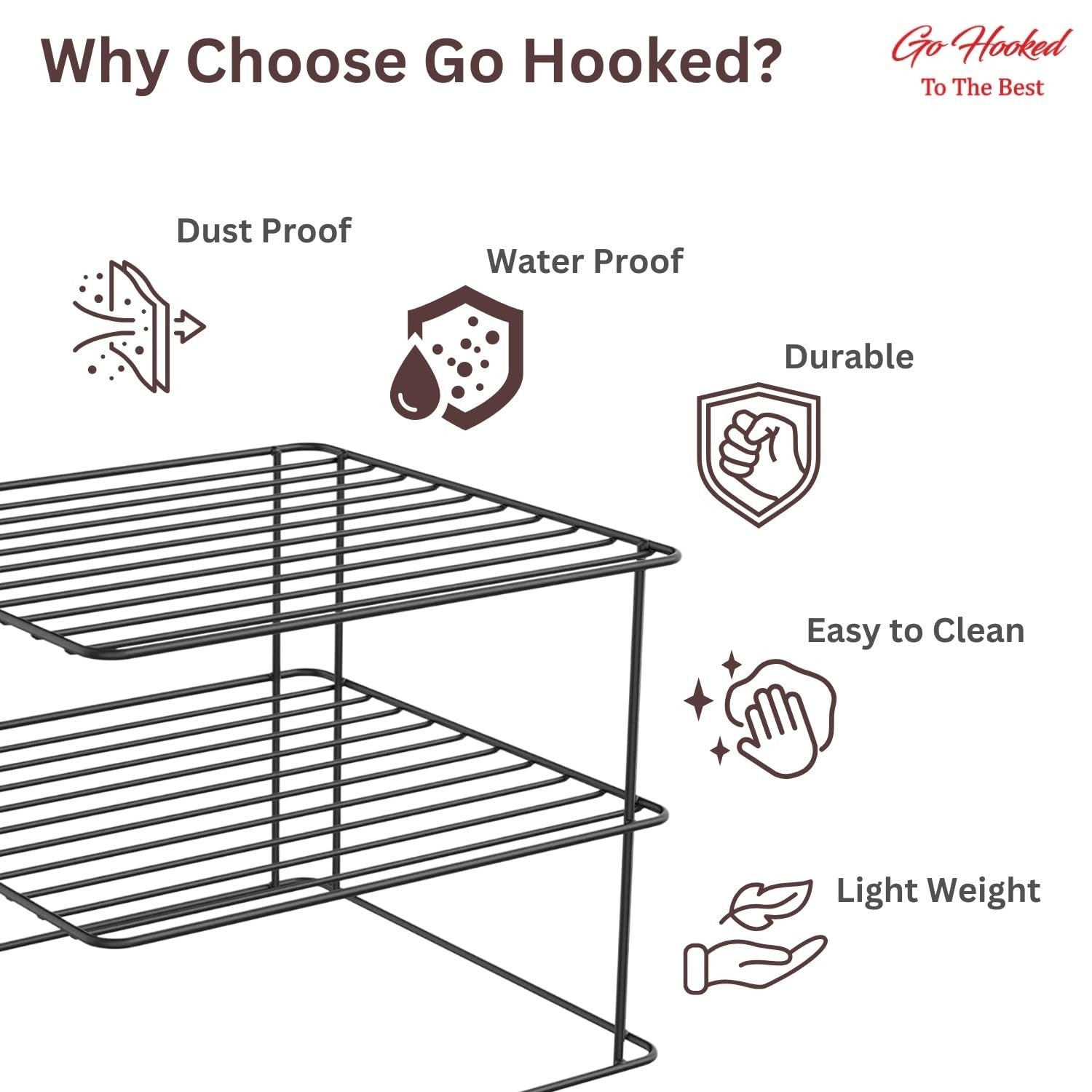 Go Hooked black coated steel kitchen shelf rack for plates and utensils. Features dust proof, water proof, durable, easy to clean, and lightweight.