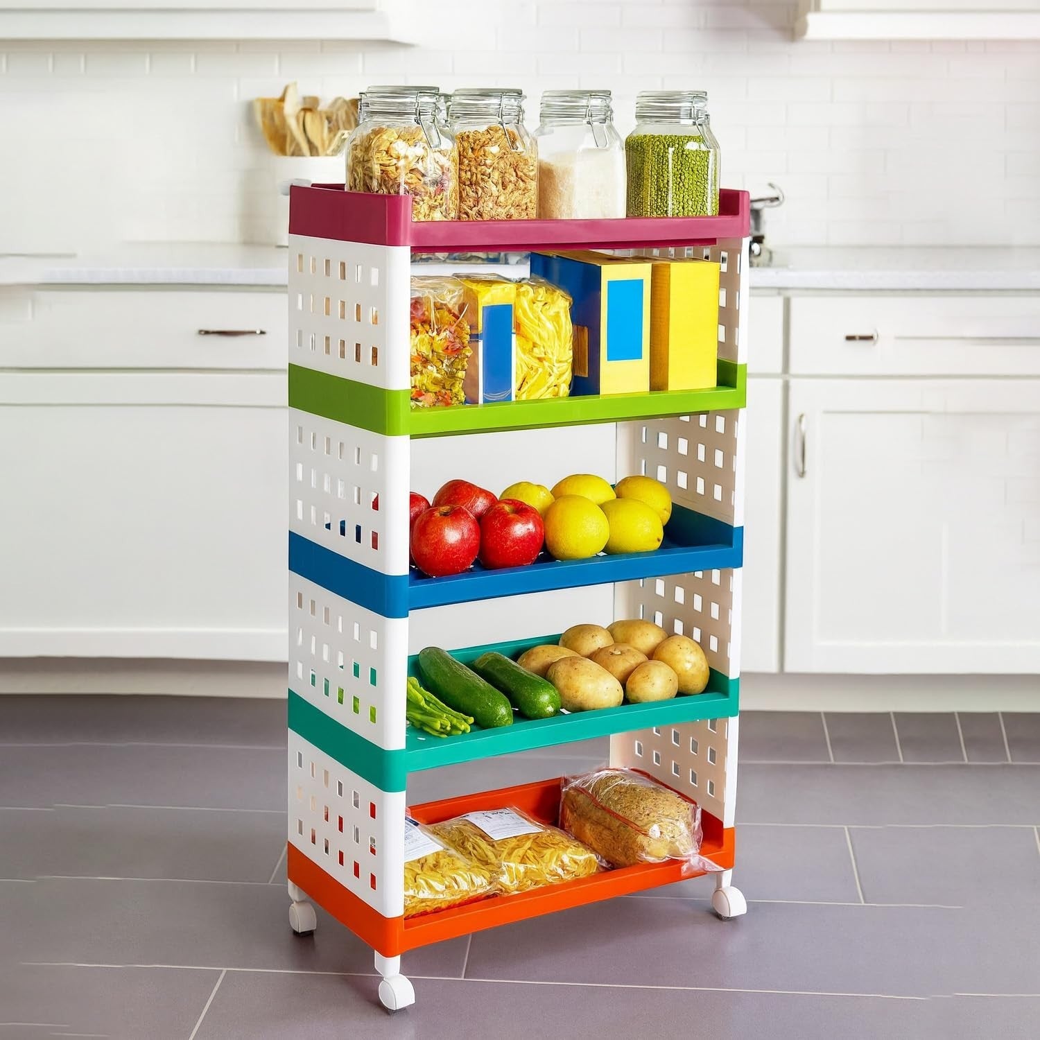 GoHooked 5-tier multipurpose rolling storage rack with colorful shelves holding kitchen items like fruits, vegetables, and pantry staples.