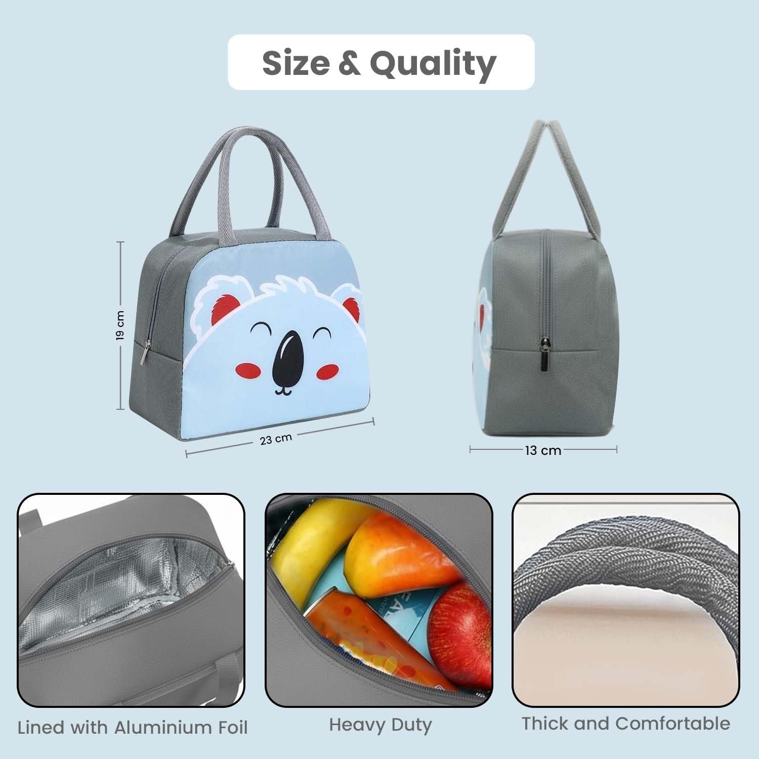 Go Hooked grey and light blue Oxford cloth lunch bag with a cute koala face design, insulated for freshness.