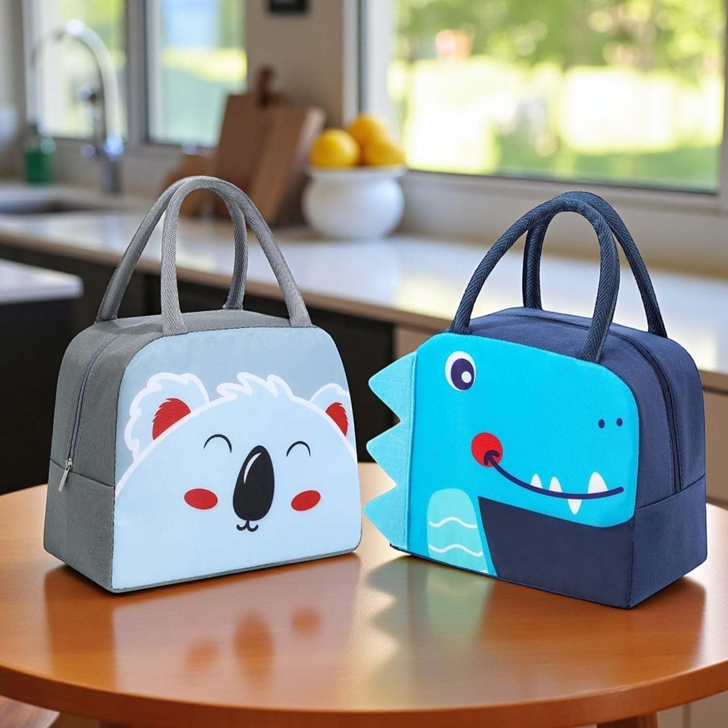 GoHooked grey and light blue Oxford cloth lunch bag with a cute koala face design, thermal insulated for kids.