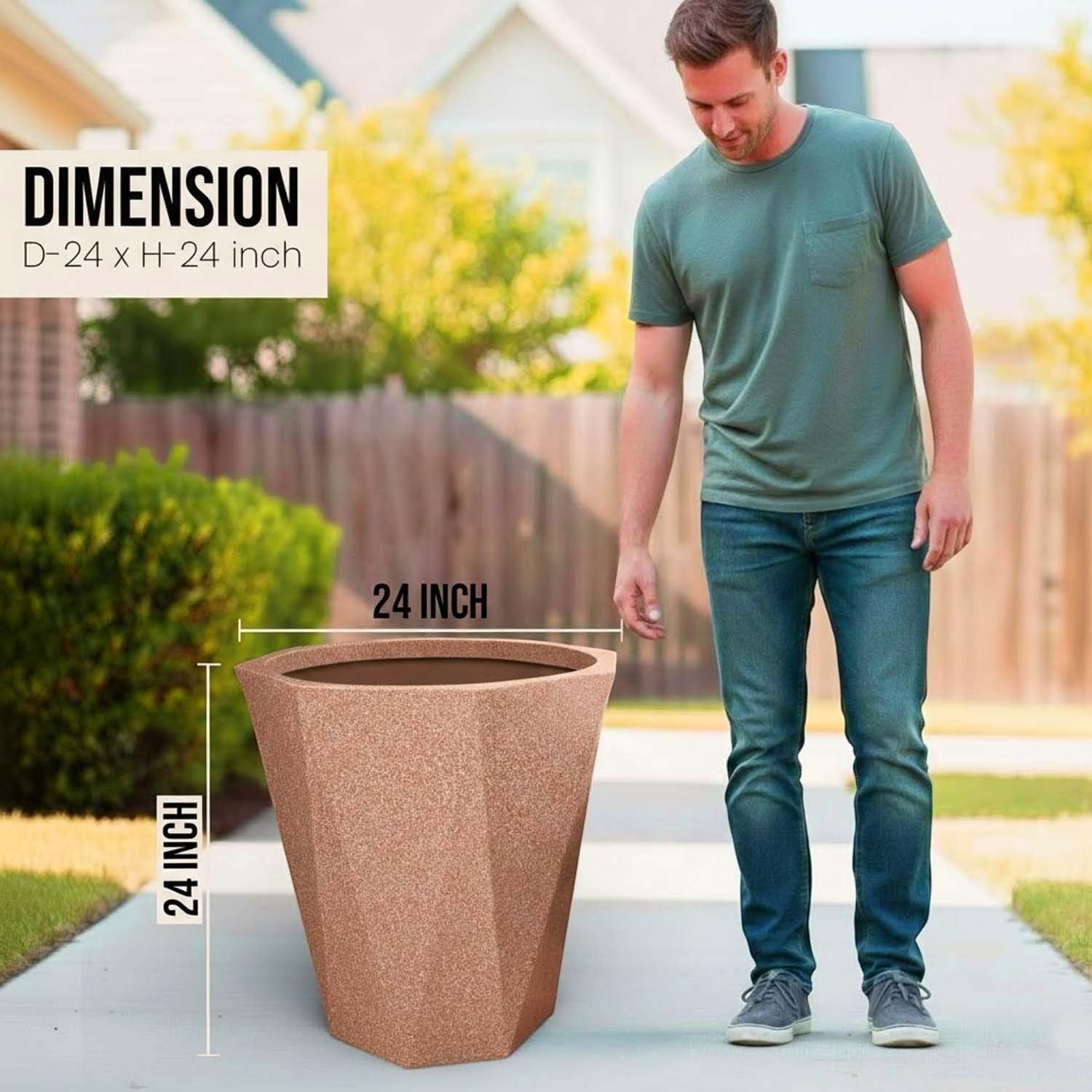 GoHooked large 24-inch tall stone brown polymer planter with diamond shape and textured finish. A man stands beside it for scale.