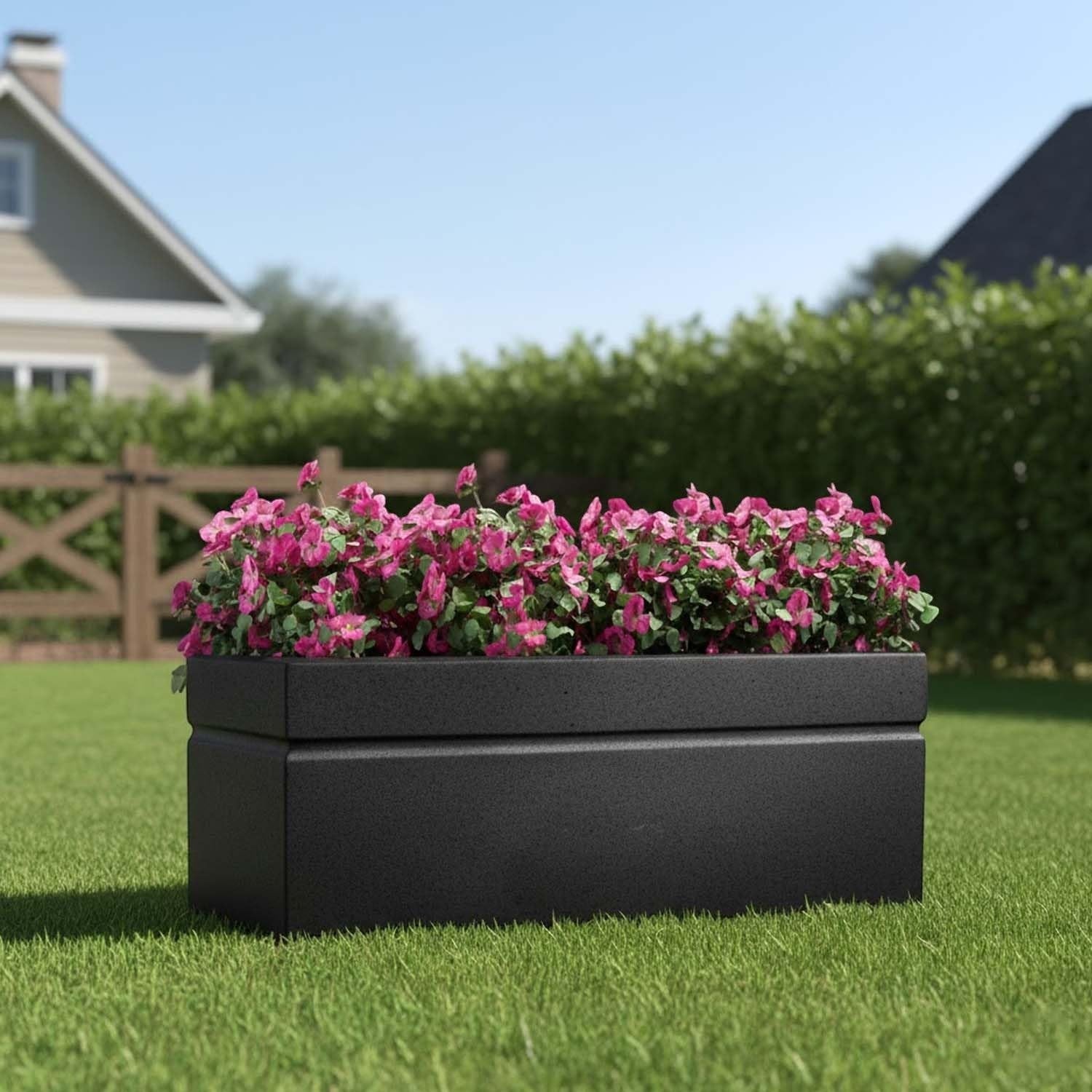 GoHooked large black polymer planter pot with pink flowers, modern design, outdoor garden use.