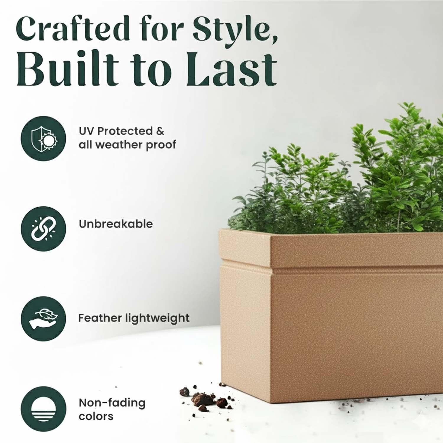 GoHooked large brown polymer planter pot, 36x14 inches, modern design, lightweight, durable, UV protected, weather proof.