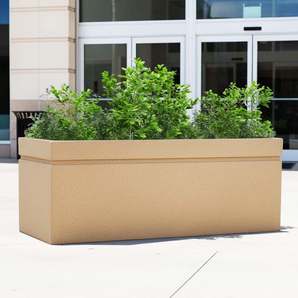 GoHooked large brown rectangular polymer planter pot with green foliage, suitable for outdoor balcony or garden decor.
