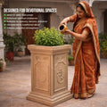 GoHooked large brown polymer Tulsi pot with embossed Shubh Labh, Om, and Swastik designs. Ideal for indoor/outdoor use.