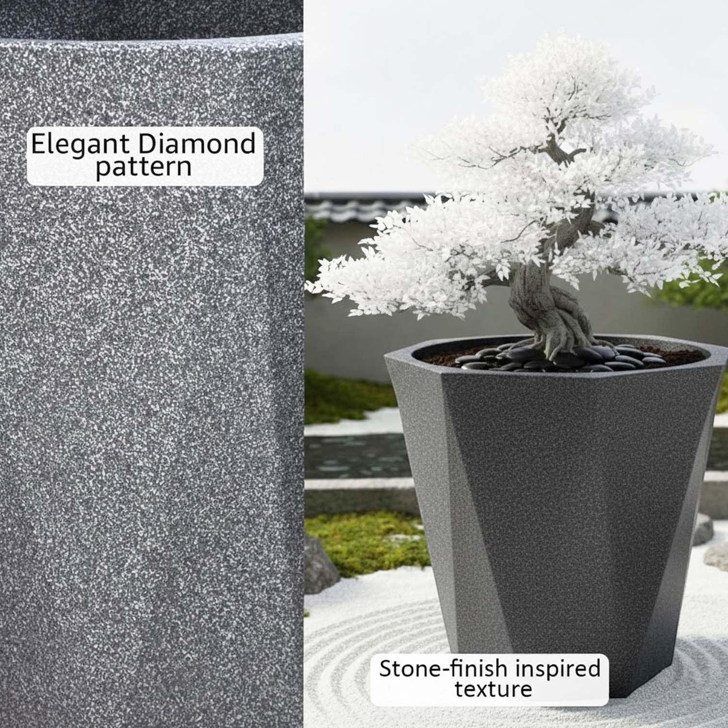 GoHooked 24-inch large grey polymer planter with diamond pattern and stone-finish texture. Ideal for indoor or outdoor plants.