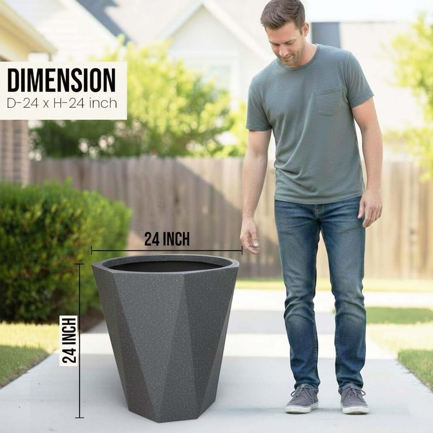 GoHooked 24-inch large grey polymer planter with a modern diamond shape and stone texture finish. A man stands beside it for scale.