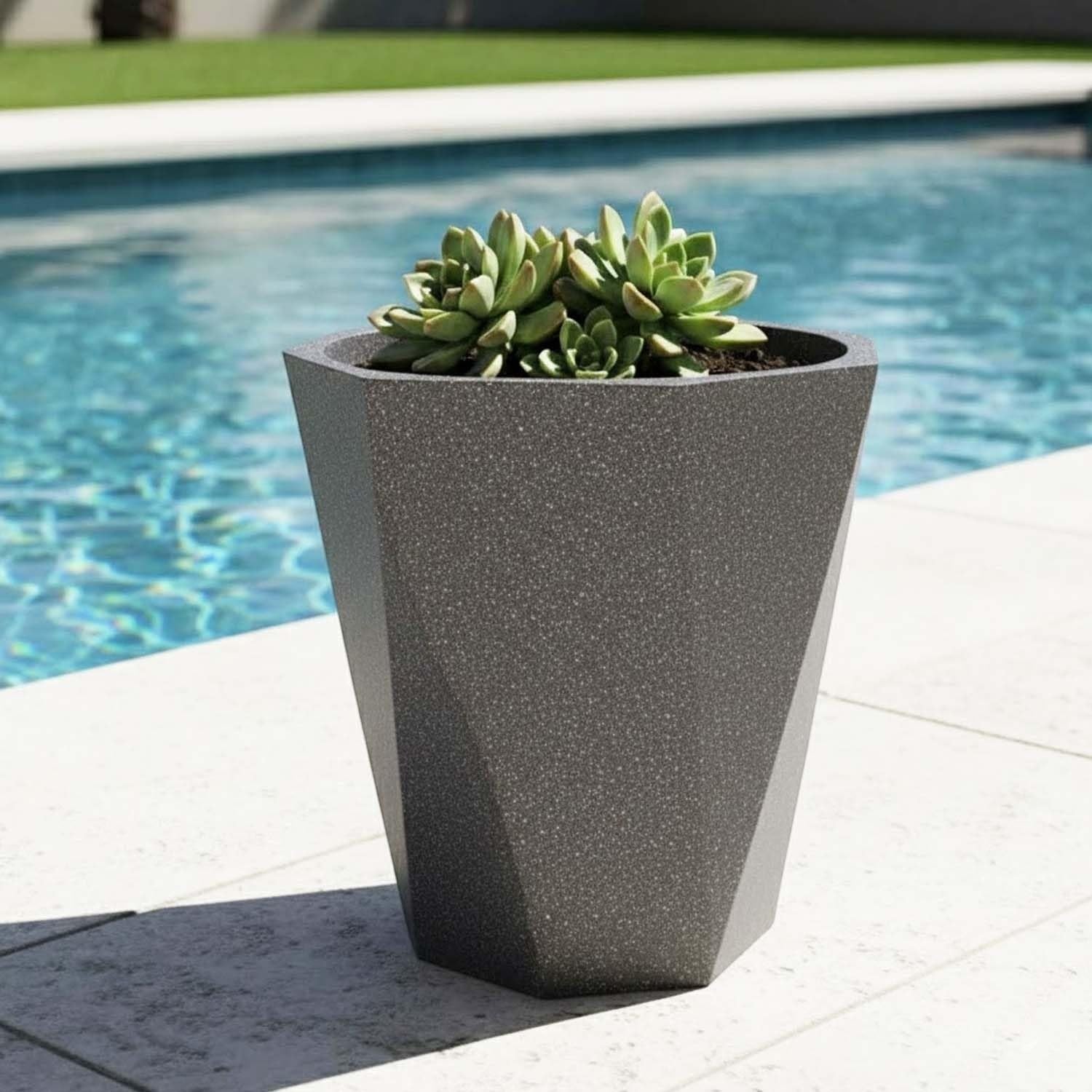 GoHooked 24-inch large grey polymer planter with stone texture, geometric design, and succulent plant.