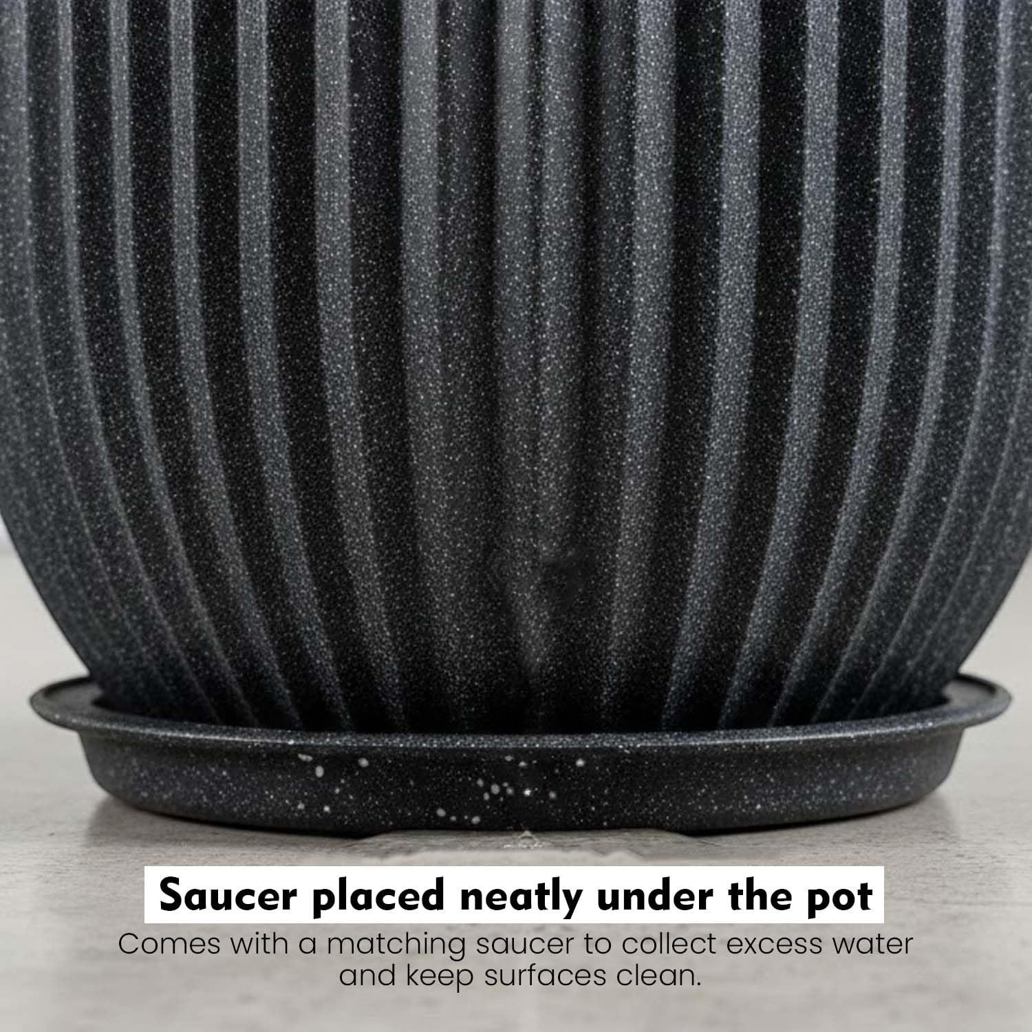 GoHooked 24 inch large grey ribbed polymer planter with matching saucer for indoor/outdoor plants.