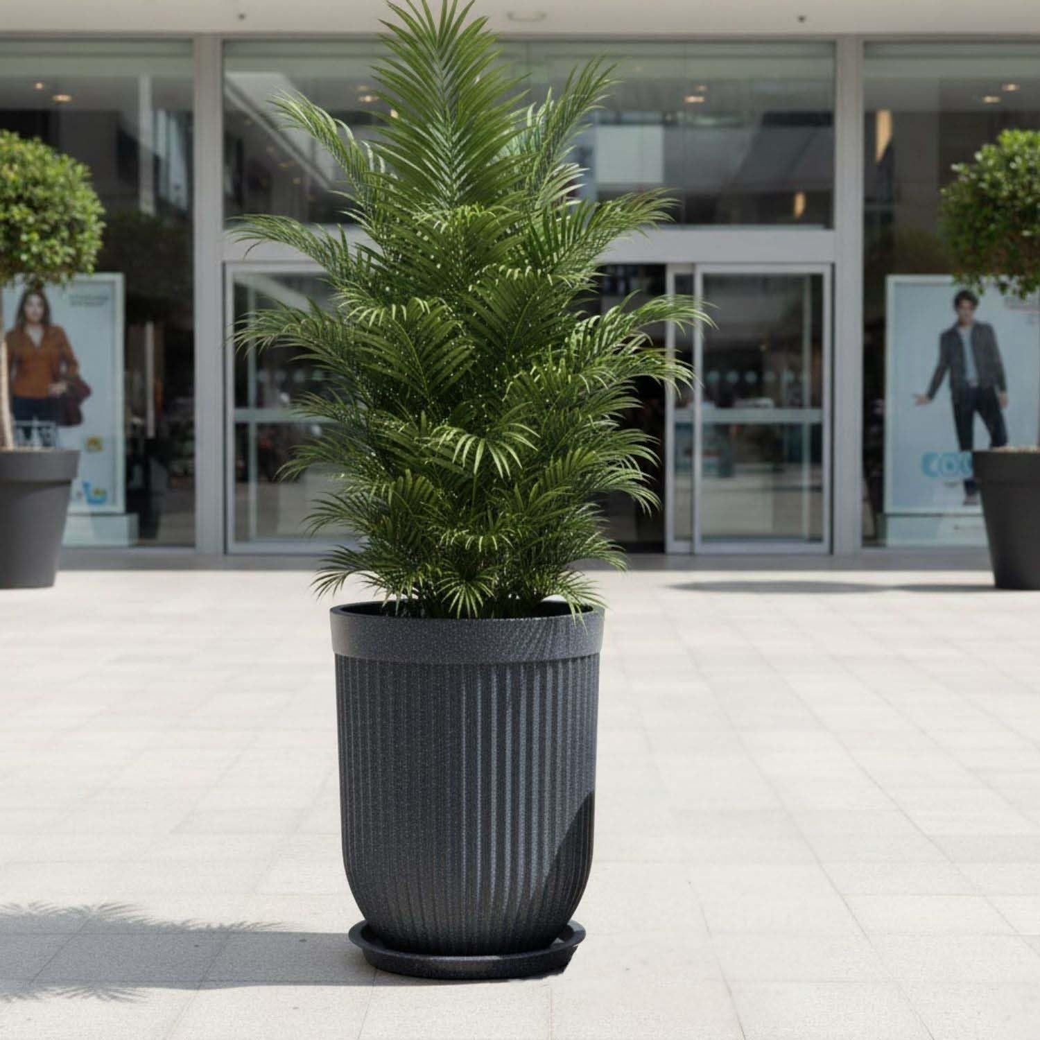 GoHooked large grey ribbed polymer planter with saucer, 18-inch size for indoor/outdoor plants.