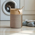 Go Hooked large woven laundry basket in brown and grey with handles, featuring a waterproof lining.
