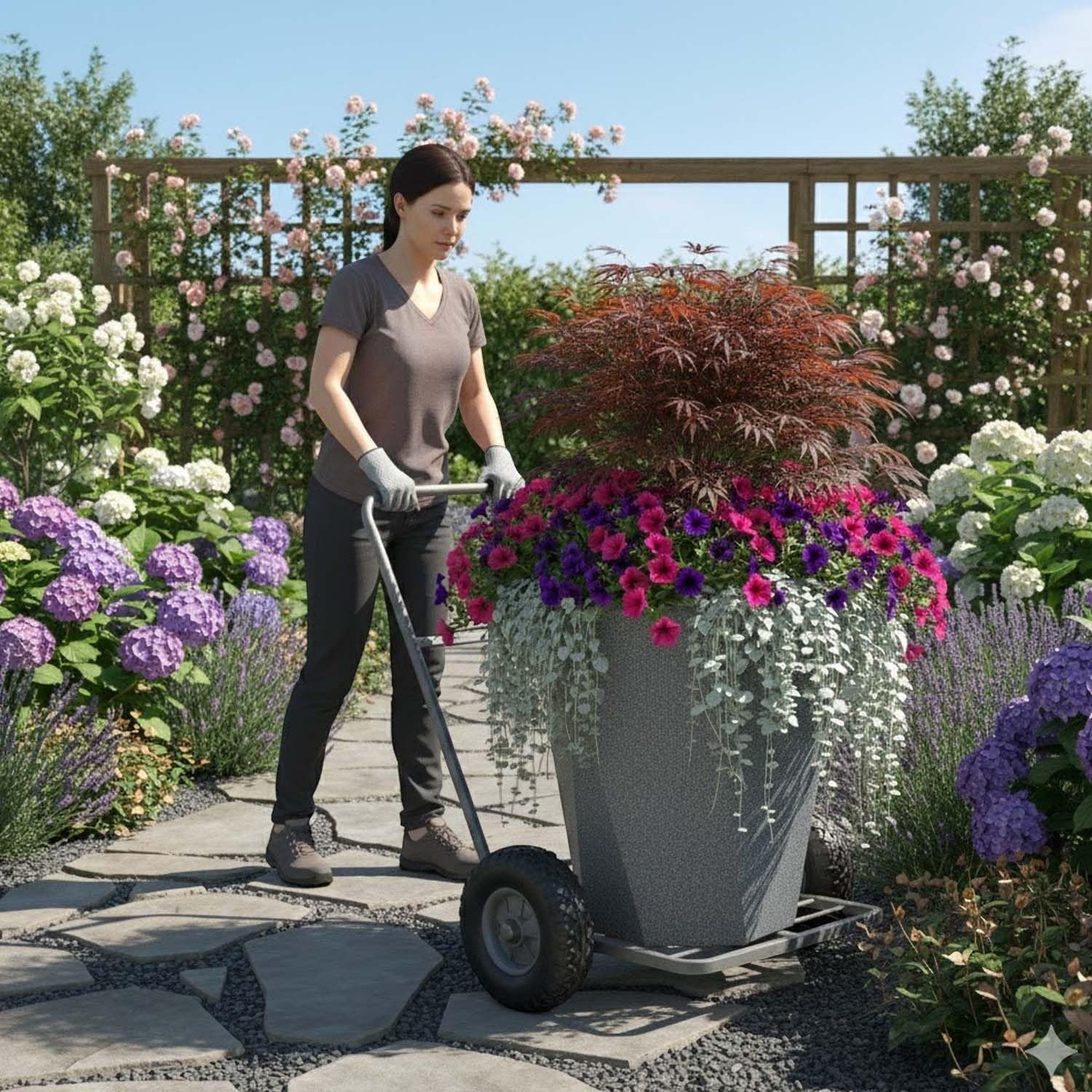 GoHooked large 24-inch mosaic grey polymer planter with diamond shape and stone texture, holding colorful flowers and a Japanese maple tree.