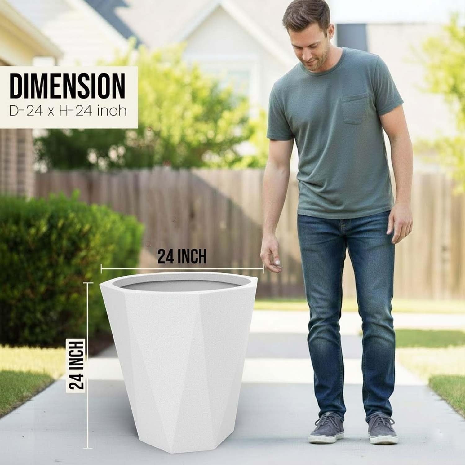 Go Hooked large 24-inch white polymer planter with a modern geometric design and stone texture. A man stands next to it for scale.
