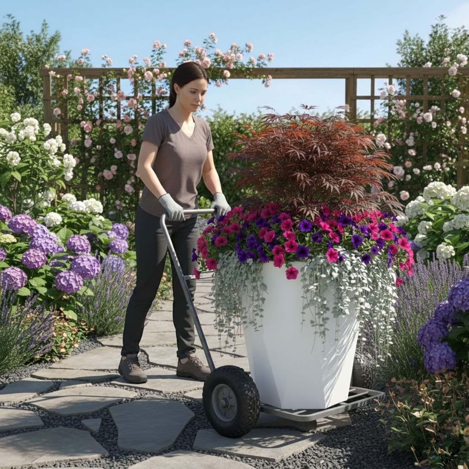GoHooked large 24-inch white polymer planter with diamond shape and stone texture, holding colorful flowers and a Japanese maple.