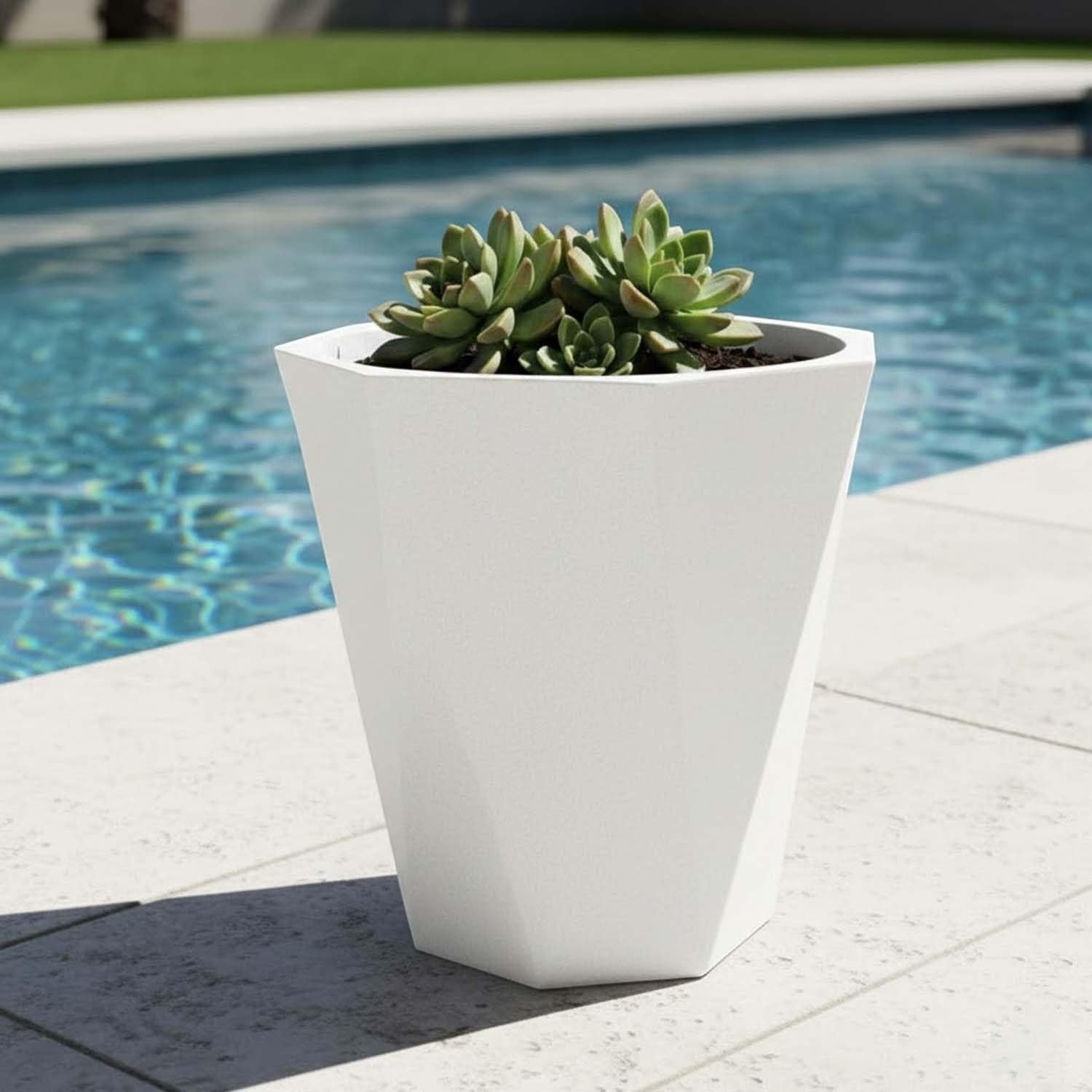 GoHooked large white polymer planter with geometric design, 24 inch, for indoor/outdoor use