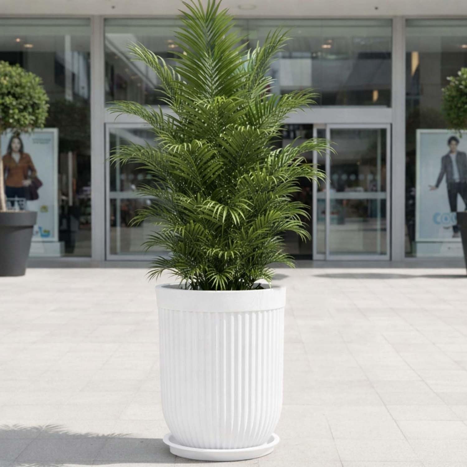 GoHooked 24 inch large white polymer planter with ribbed design and matching saucer tray holding a palm plant.