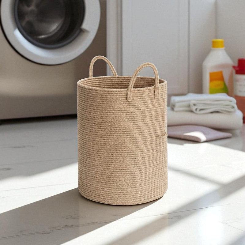Go Hooked large woven laundry basket in brown and grey with handles, featuring a waterproof lining and foldable design.
