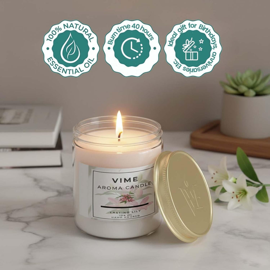 GoHooked white glass jar candle with lasting lily scent, 100% natural essential oil, 40-hour burn time.