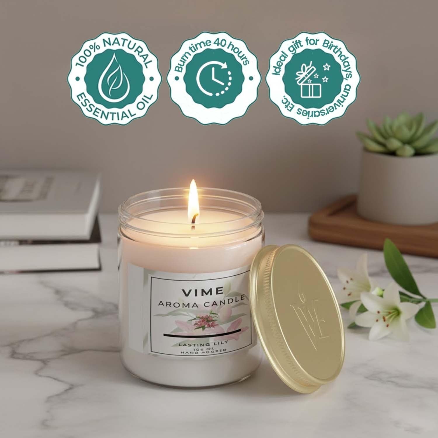 GoHooked white glass jar candle with lasting lily scent, 100% natural essential oil, 40-hour burn time.
