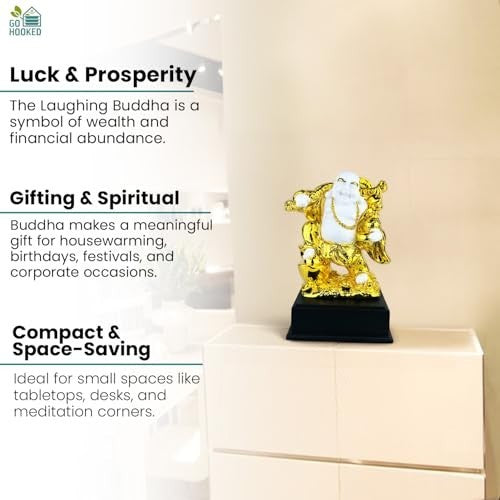 GoHooked gold and white polyresin Laughing Buddha statue, symbol of wealth and happiness, on a black base.