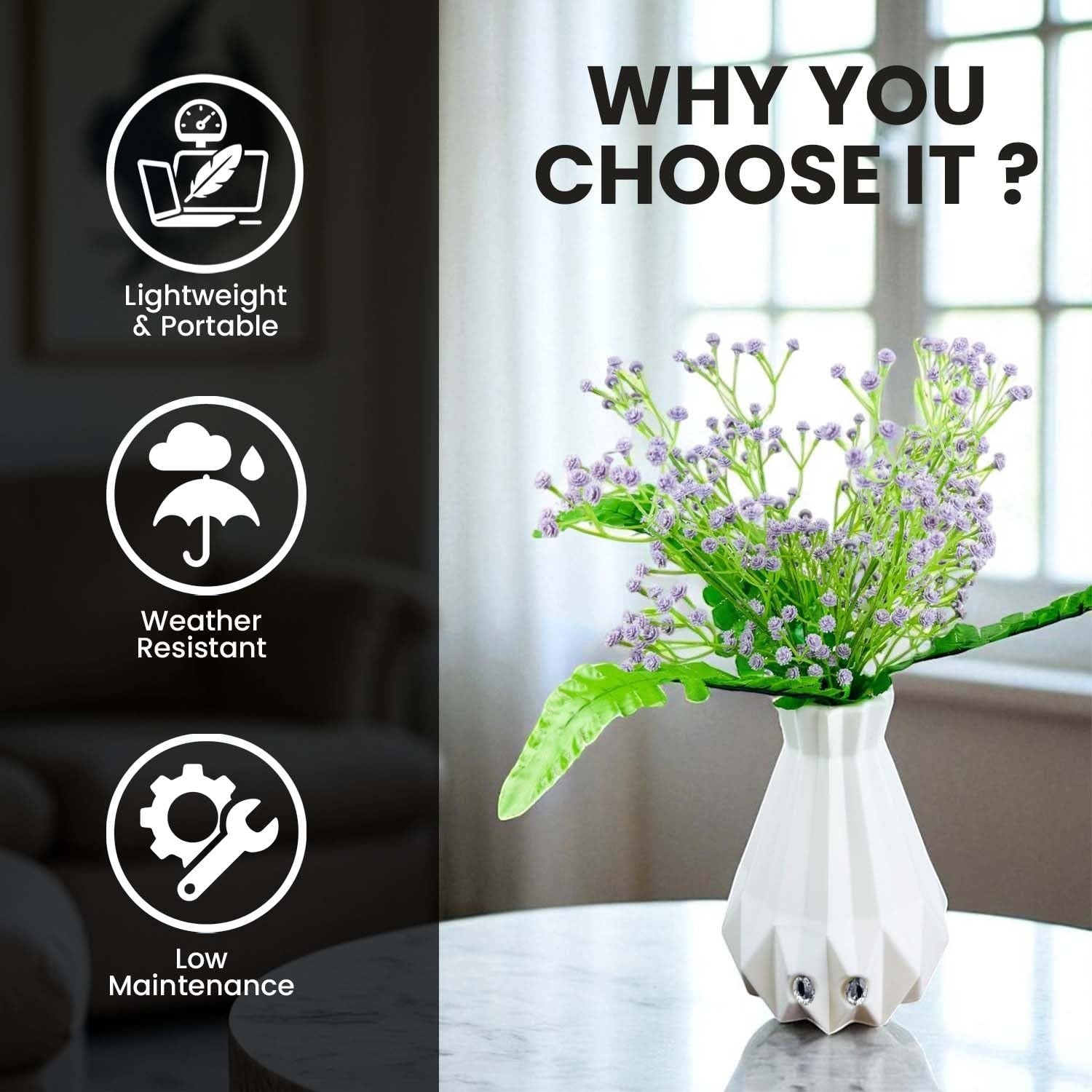 Go Hooked lavender baby's breath artificial flowers in a white geometric vase with green fern leaves. Realistic faux plant decor.