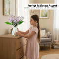 Go Hooked lavender baby's breath artificial flowers with green fern leaves in a white vase on a dresser.