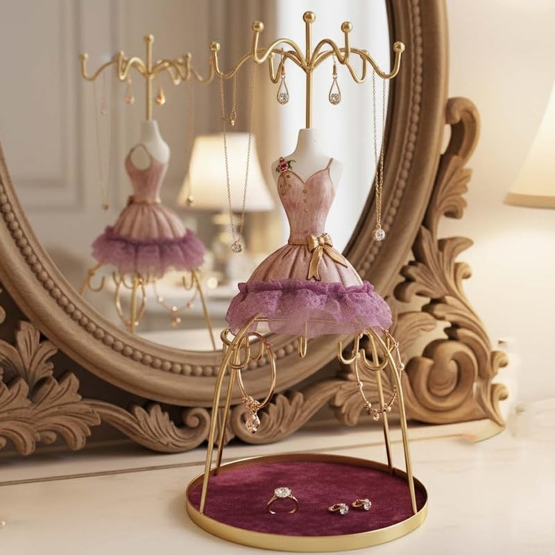 GoHooked lavender doll dress jewelry holder with gold hooks and velvet tray. Holds necklaces, earrings, bracelets, and rings.
