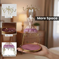 GoHooked lavender doll dress jewelry holder with gold hooks and velvet tray for necklaces, earrings, bracelets, and rings.