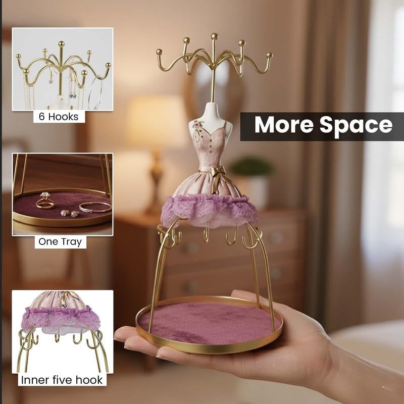 GoHooked lavender doll dress jewelry holder with gold hooks and velvet tray for necklaces, earrings, bracelets, and rings.