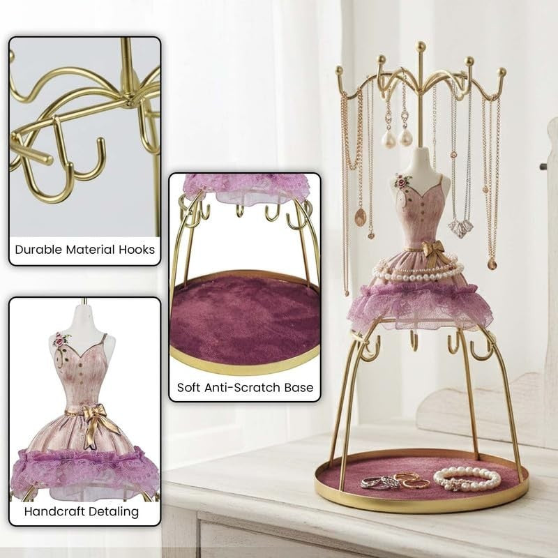 GoHooked lavender doll dress jewelry holder with gold hooks for necklaces, bracelets, earrings, and rings. Features a velvet tray.