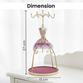 GoHooked lavender doll dress jewelry holder stand with gold hooks and velvet tray. Decorative organizer for necklaces, earrings, bracelets, rings.